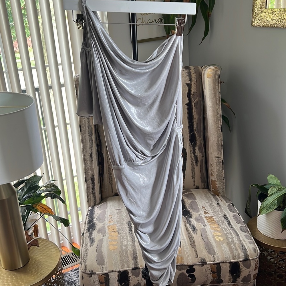 Shiny Silver Off Shoulder O-ring Mini Dress - Picture 3 of 7